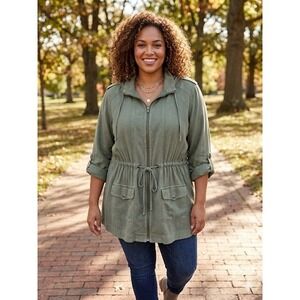Torrid Womens Plus Size 3 Olive Green Cotton Utility Anorak Hooded Jacket